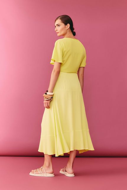 Saia crepe recorte prega amarelo lima