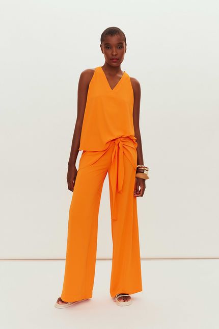 Calça fluida amarração laranja coral
