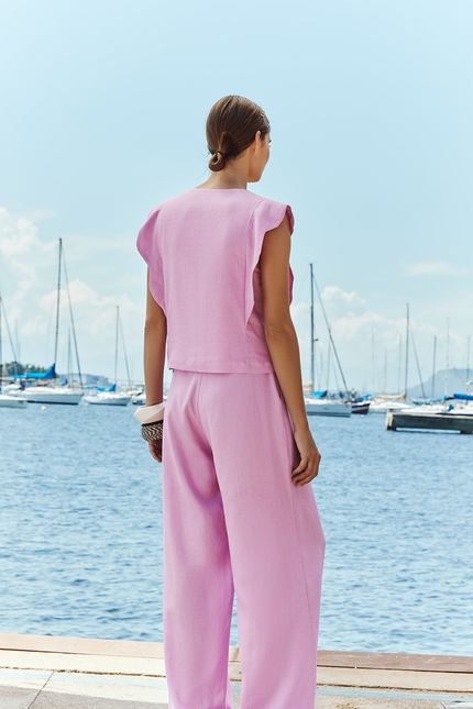 Calça cambraia pantalona rosa peonia