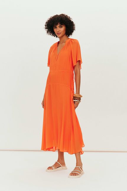 Vestido crepe leve manga laranja tropical