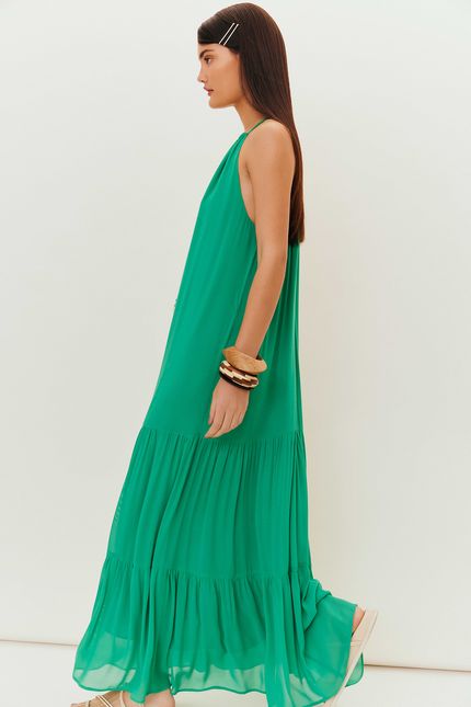 Vestido crepe leve camadas verde astral