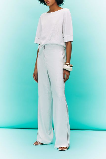Calça linho pantalona bordado  branco