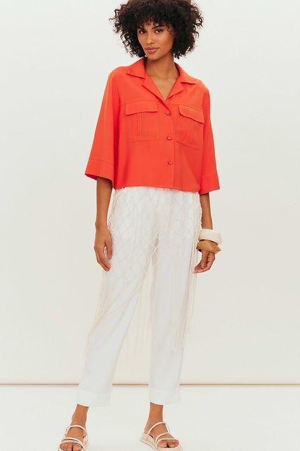 camisa bolso pregas laranja tropical