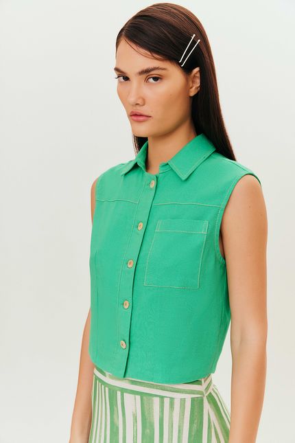 Blusa linho pespontos verde astral