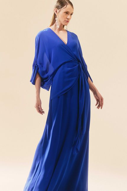 Vestido festa amarração maxi azul oceano