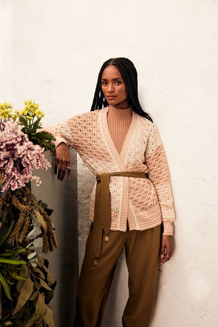 Casaco tricot listra mista bege creme