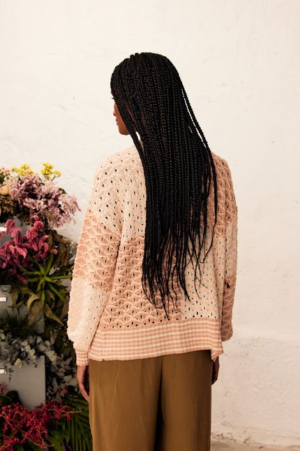 Casaco tricot listra mista bege creme