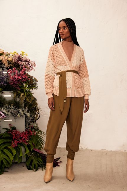 Casaco tricot listra mista bege creme
