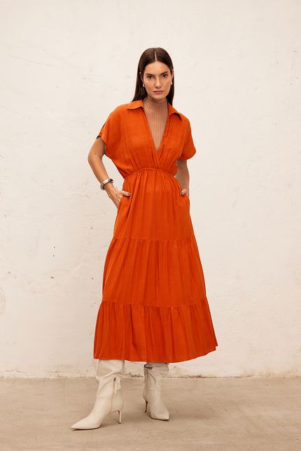Vestido maquinetado gola laranja tropical