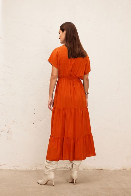 Vestido maquinetado gola laranja tropical