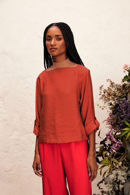 Blusa cupro pespontos  marrom terra