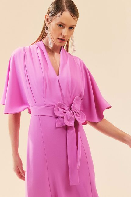 vestido festa crepe flor  rosa peonia