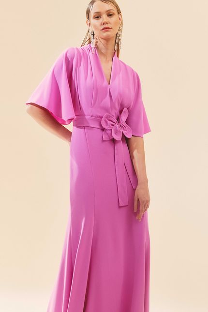 vestido festa crepe flor  rosa peonia