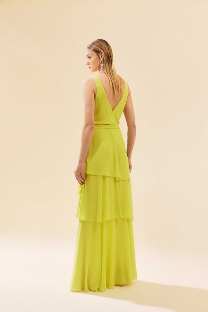 Vestido festa jabot faixa  amarelo lima