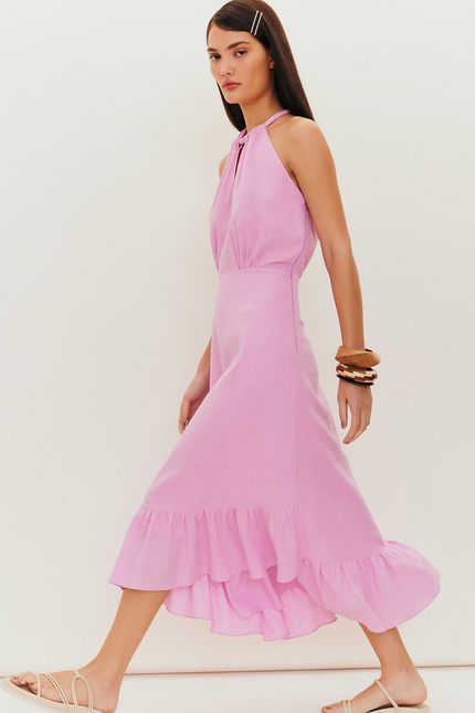 Vestido cambraia gravata rosa peonia