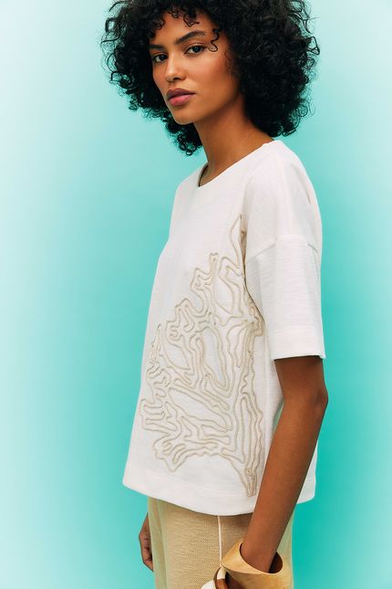 Blusa manga bordado coral off white