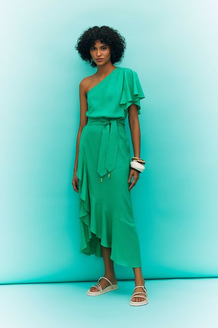 Vestido cambraia 1 ombro verde astral