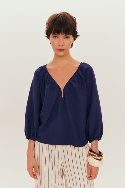 Blusa linho ferragem azul marinho