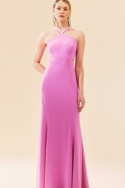 Vestido festa longo vazado  rosa peonia