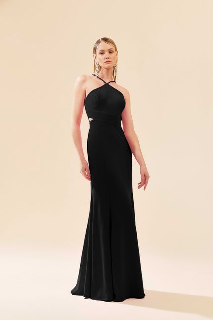 vestido festa longo vazado  preto