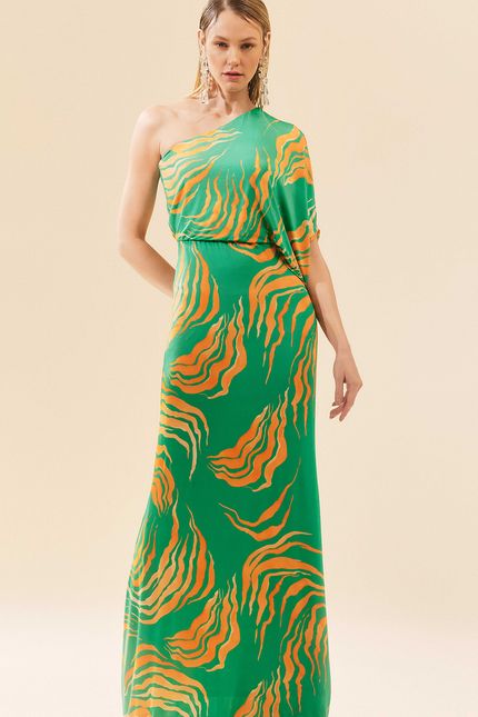 Vestido festa ombro peixe paraíso verde astral