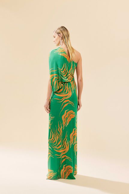 Vestido festa ombro peixe paraíso verde astral