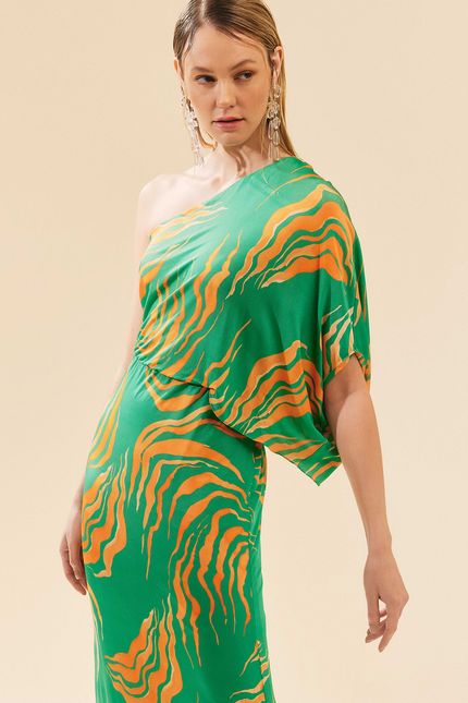 Vestido festa ombro peixe paraíso verde astral