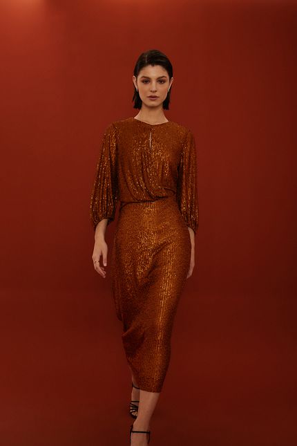 Vestido festa dobra paetê laranja terracota