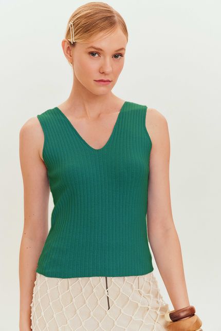 Blusa tricot decote v frente costas  verde astral