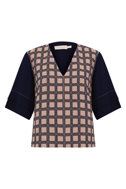 Blusa linho  frente chess azul noturno