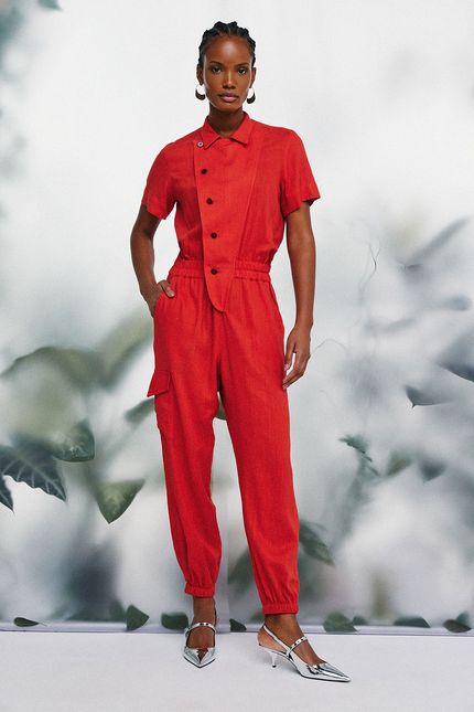 Macacão linho transpasse vermelho papoula