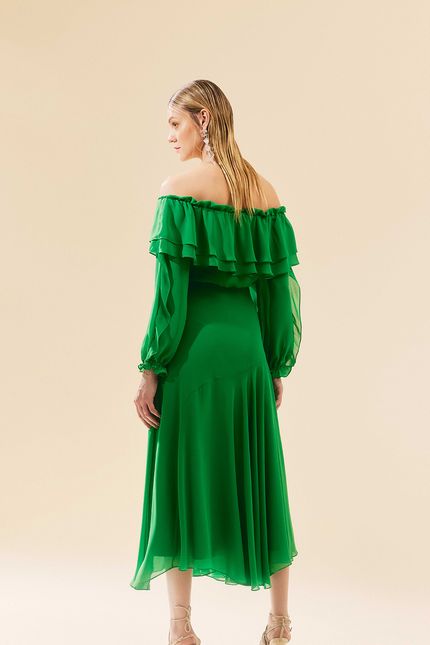 vestido festa trapézio flor verde paraiso