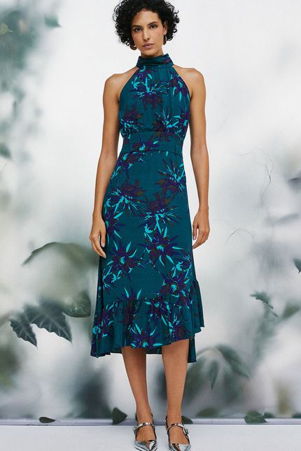 Vestido gola floral cactus verde amazonia