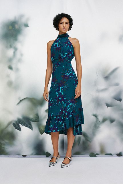 Vestido gola floral cactus verde amazonia