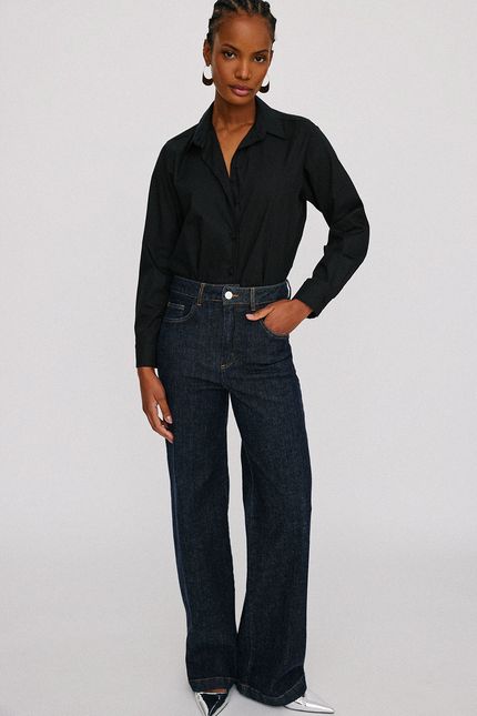 Camisa tricoline pregas costas preto
