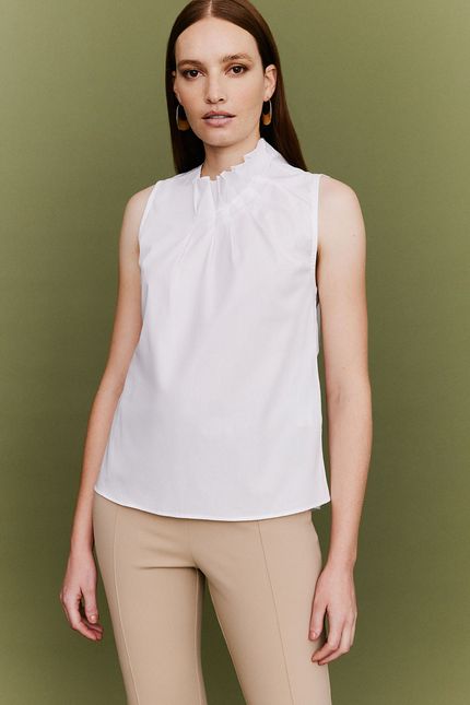 Blusa tricoline pregas gola branco