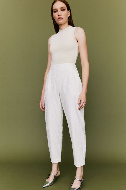 Calça jacquard floral aquarela off white