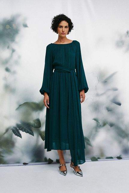 Vestido crepe leve amarração verde amazonia