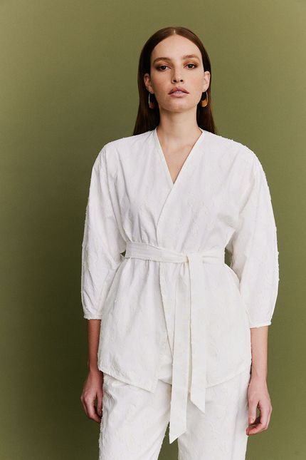 Kimono jacquard floral aquarela off white