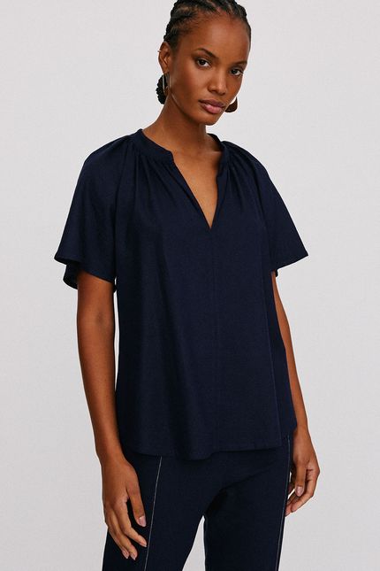 Blusa linho mg godê azul noturno