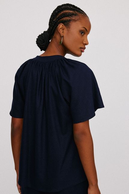 Blusa linho mg godê azul noturno