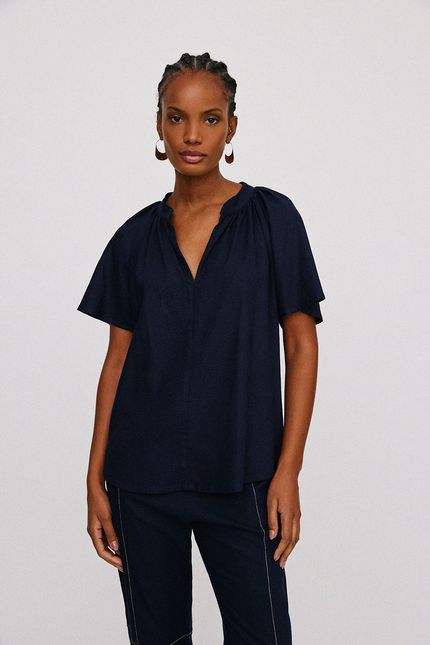 Blusa linho mg godê azul noturno