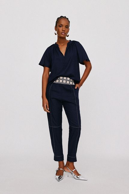 Blusa linho mg godê azul noturno