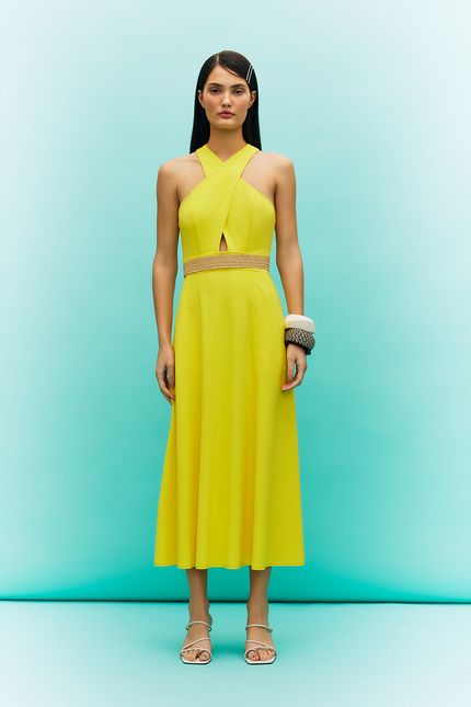 Vestido cruzado malha estruturada amarelo solar
