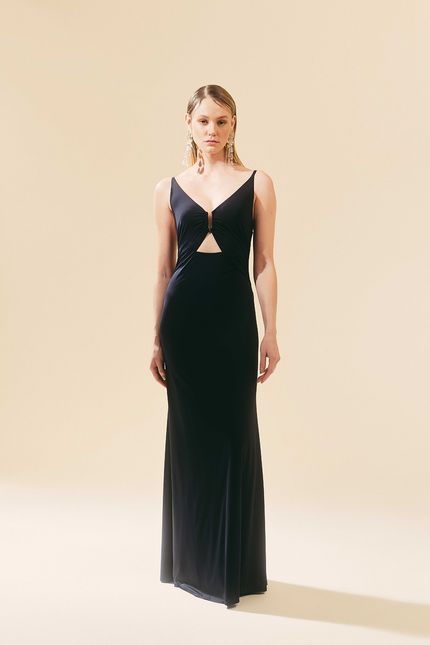 Vestido festa detalhe decote preto