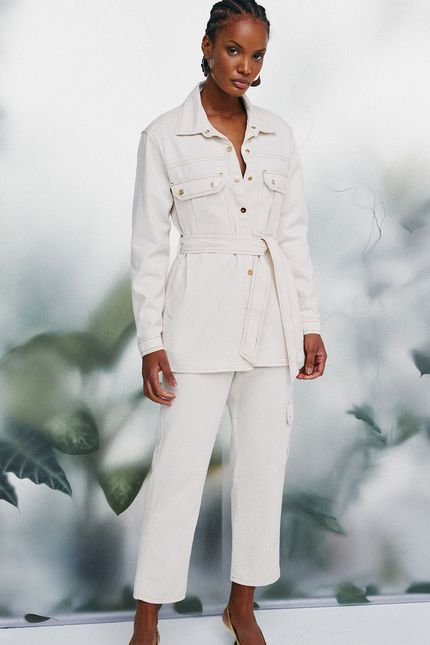 Camisão jeans reto com faixa off white