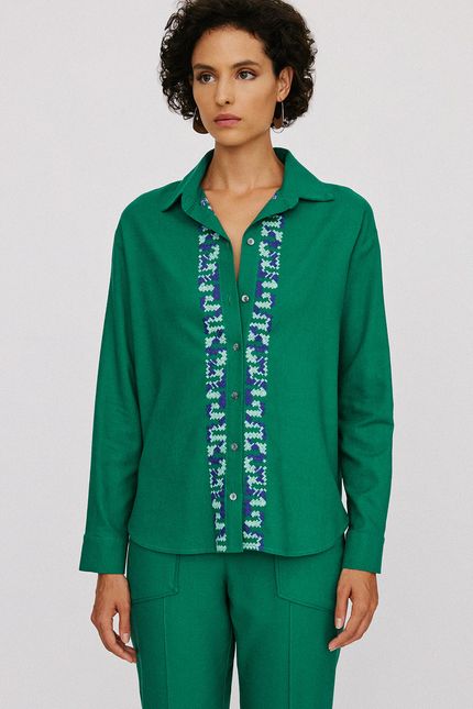 Camisa linho bordado cestaria verde amazonia