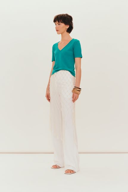 Blusa tricot decote v frente costas verde astral