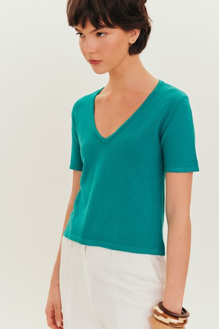 Blusa tricot decote v frente costas verde astral