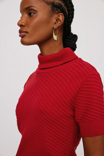 Blusa tricot diagonal manga curta vermelho papoula